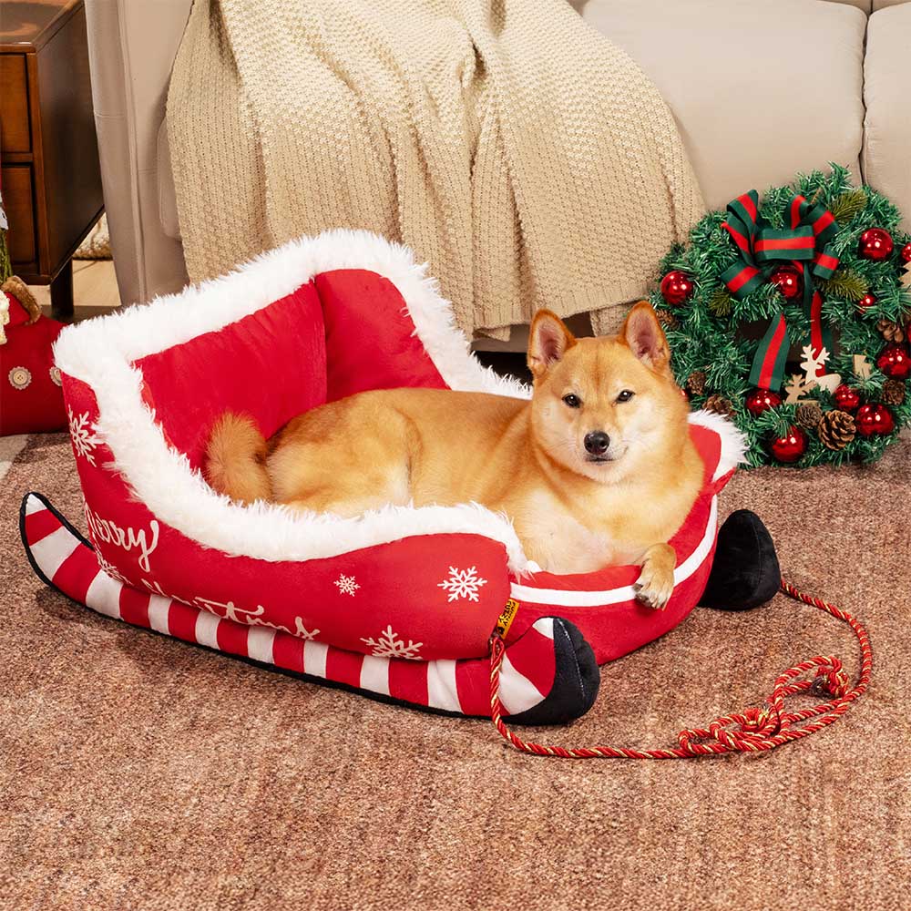 Festive Plush Cozy Dog Bed - Christmas Sleigh, Red - M