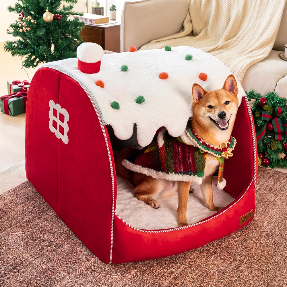Festive Snow House Orthopedic Dog Bed - Christmas Warmth, Red - M