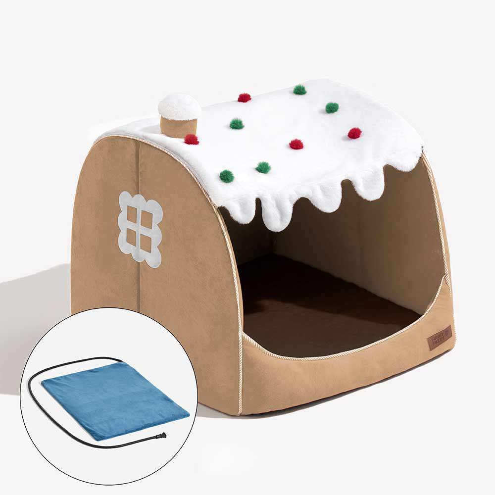 Festive Snow House Orthopedic Dog Bed - Christmas Warmth, Khaki+Heating Pad - L