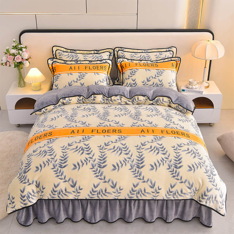 Floral Elegance Milk Velvet Bed Sheet Set with Bed Skirt, Style 4 - California King(4 pcs)