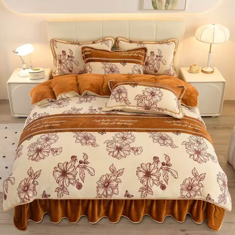 Floral Elegance Milk Velvet Bed Sheet Set with Bed Skirt, Style 2 - California King(4 pcs)