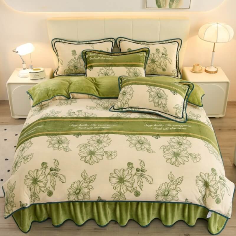 Floral Elegance Milk Velvet Bed Sheet Set with Bed Skirt, Style 1 - 70.87"W x 86.6"L(1 pc)