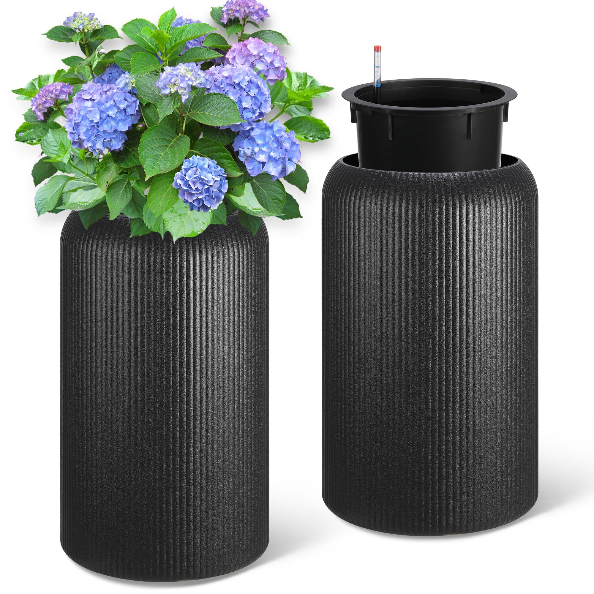 Garvee 29 Inch Tall Round Planters Set of 2 Flower Pots with a Water Level Monitor, Self Watering Insert and 2 Trays, for Living Room, Bedroom Office,