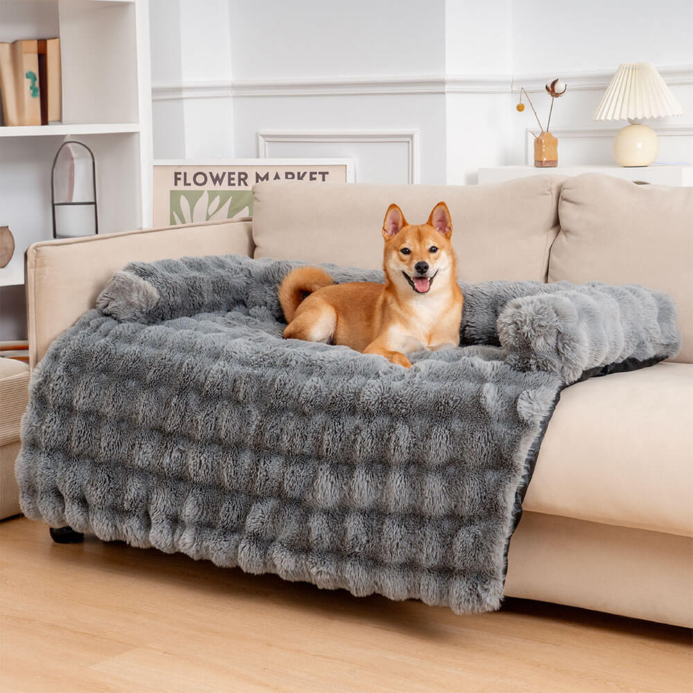Fluffy Fuzzy Calming Dog Bed Sofa Protector Pet Mat, Grey - S