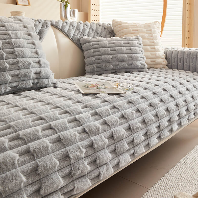 Fluffy Plush Striped Furniture Protector Couch Cover, Light Grey - 35.4*63 in(1 pc)