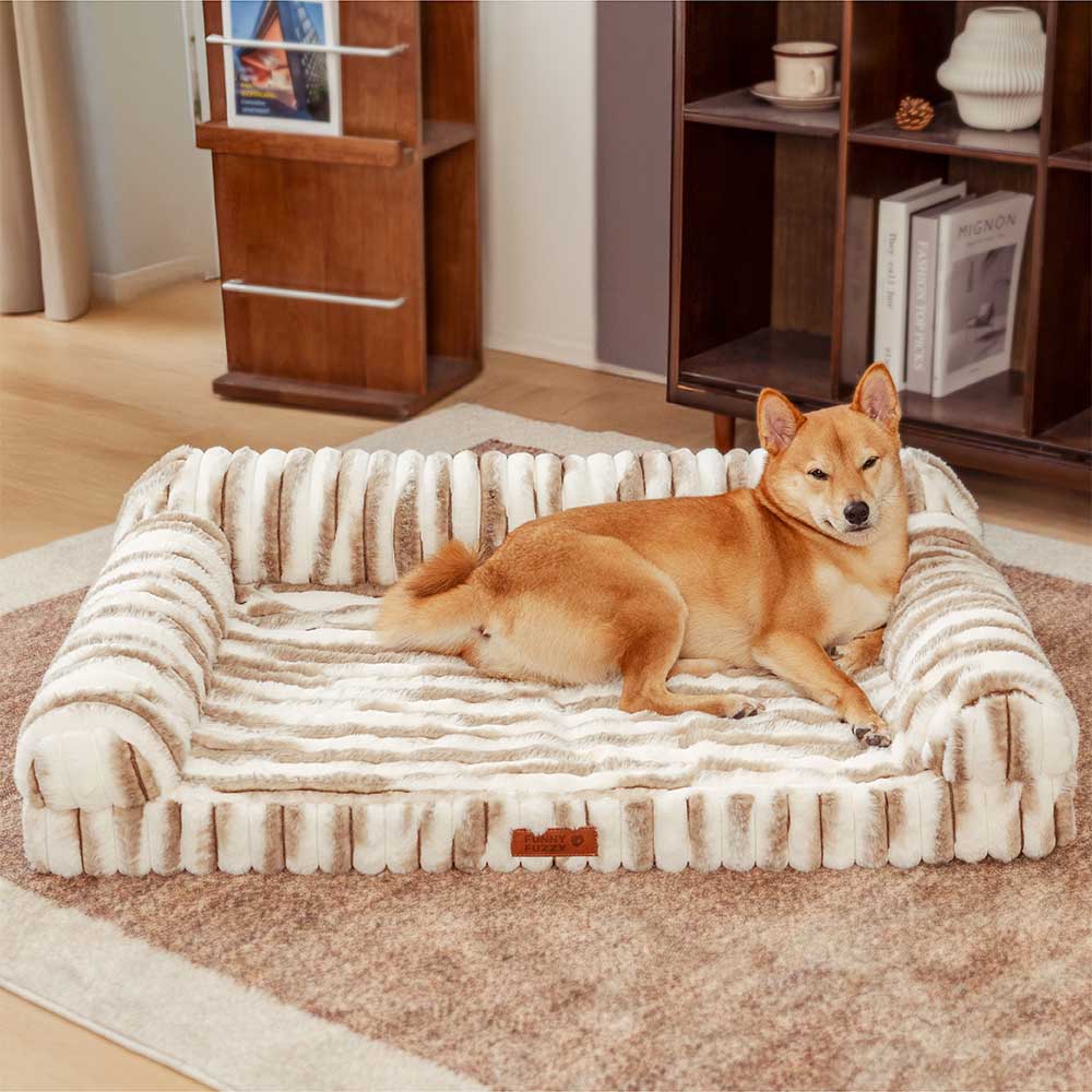 Fluffy Striped Orthopedic Bolster Dog Bed - Luxe Comfort, Brown - M