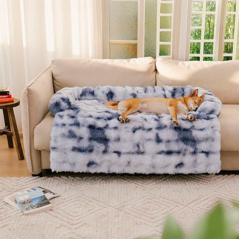 Fluffy Fuzzy Calming Dog Bed Sofa Protector Pet Mat, Tie-dye Blue - XL