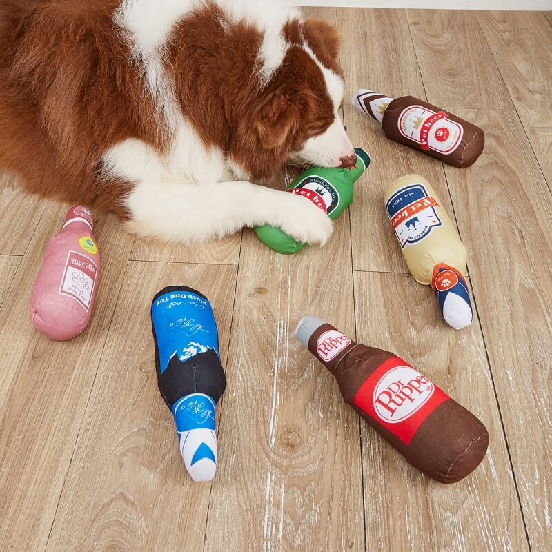 Funny Cute Plush Squeaky Dog Toys Beer and Drinks Chew Toys, Beer Bottle - Pink