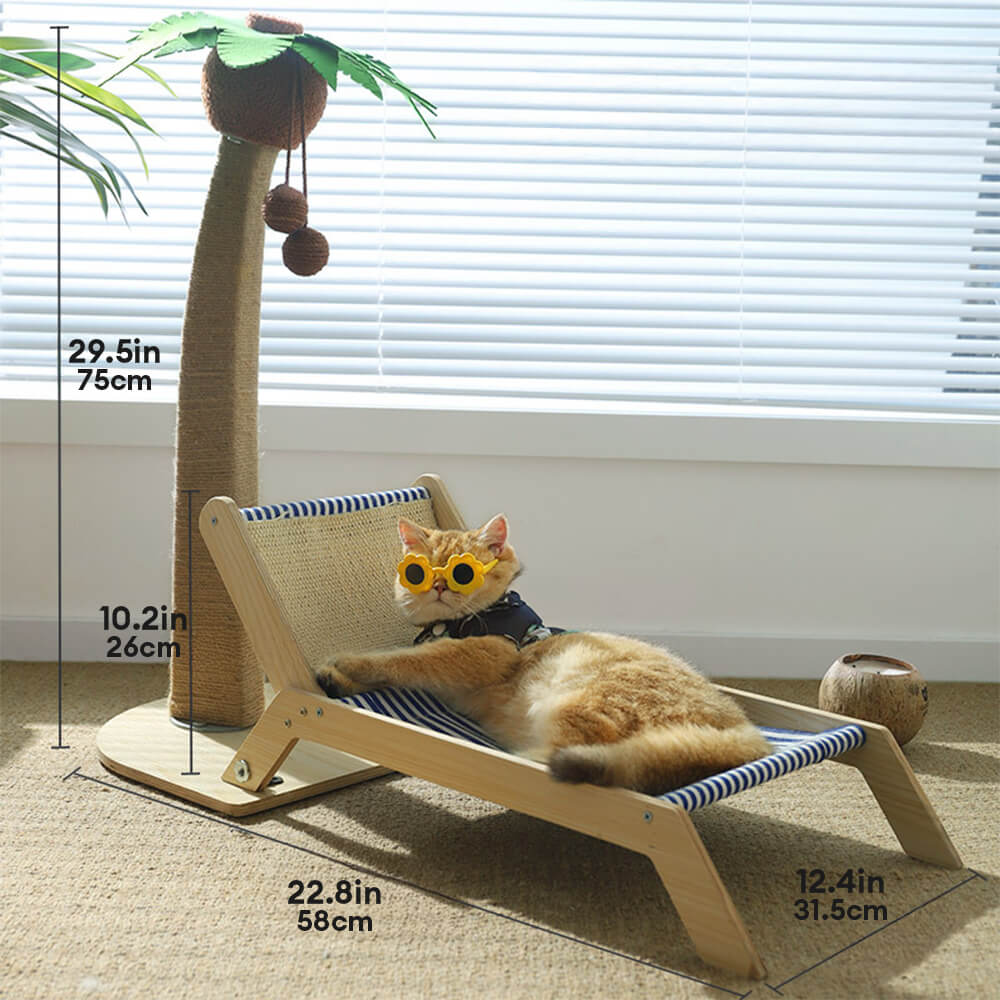Cat Beach Vacation Lounger with Scratching Board, Coconut Tree Lounger