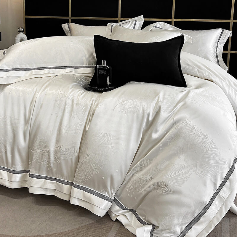 European-Inspired Jacquard Glossy Cotton Sateen Bed Sheet Set, White - Queen(4pcs)
