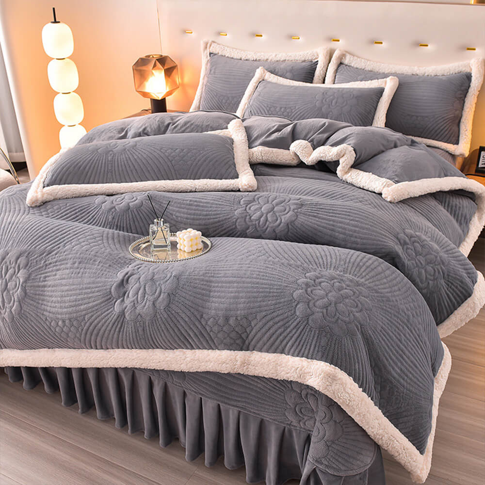 Floral Quilted Cozy Thickened Milk Fleece Bed Skirt Set, Light Grey - Full (3 Pcs)