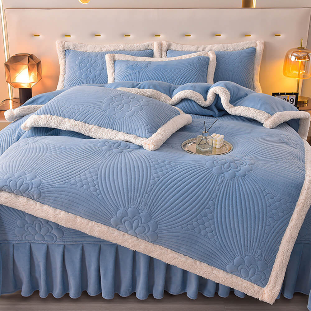 Floral Quilted Cozy Thickened Milk Fleece Bed Skirt Set, Blue - King(4 Pcs)