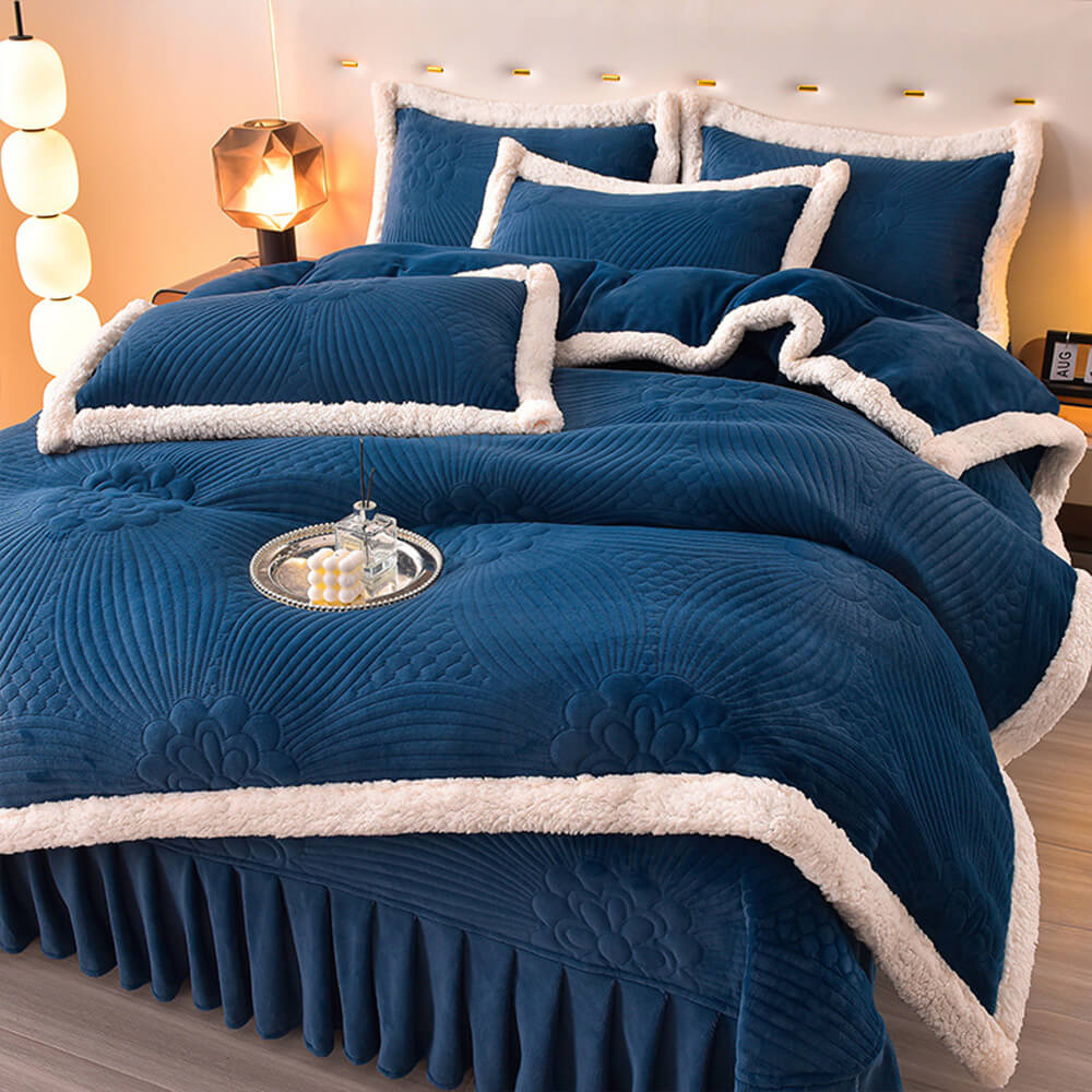 Floral Quilted Cozy Thickened Milk Fleece Bed Skirt Set, Dark Blue - Full (3 Pcs)