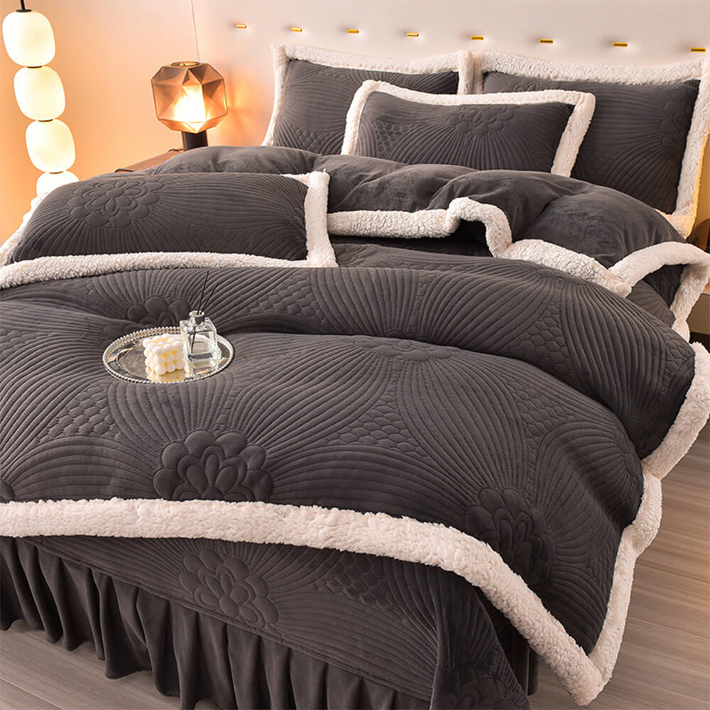 Floral Quilted Cozy Thickened Milk Fleece Bed Skirt Set, Dark Grey - Queen(4 Pcs)