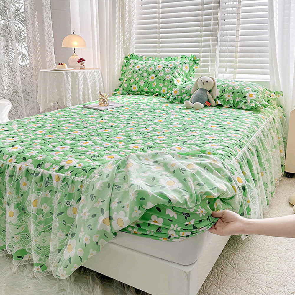 Fresh Floral Quilted Fitted Sheet Mattress Cover with Lace Trim and Skirt Protection, Green - Pillowcase(2pcs)