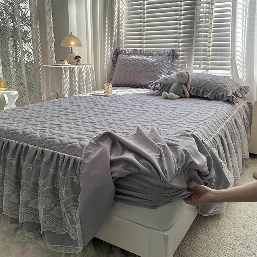 Fresh Floral Quilted Fitted Sheet Mattress Cover with Lace Trim and Skirt Protection, Grey - Pillowcase(2pcs)