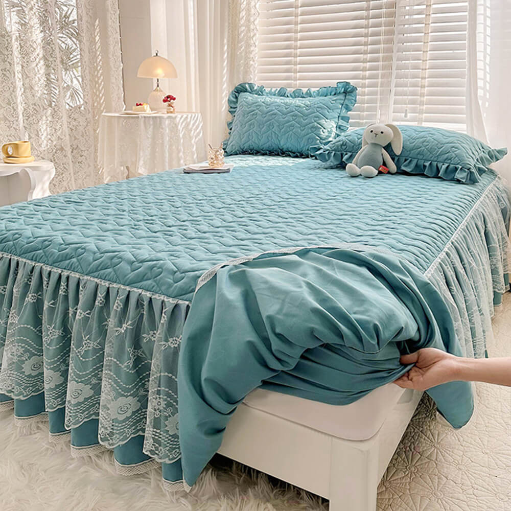 Fresh Floral Quilted Fitted Sheet Mattress Cover with Lace Trim and Skirt Protection, Blue - Queen (1pc)