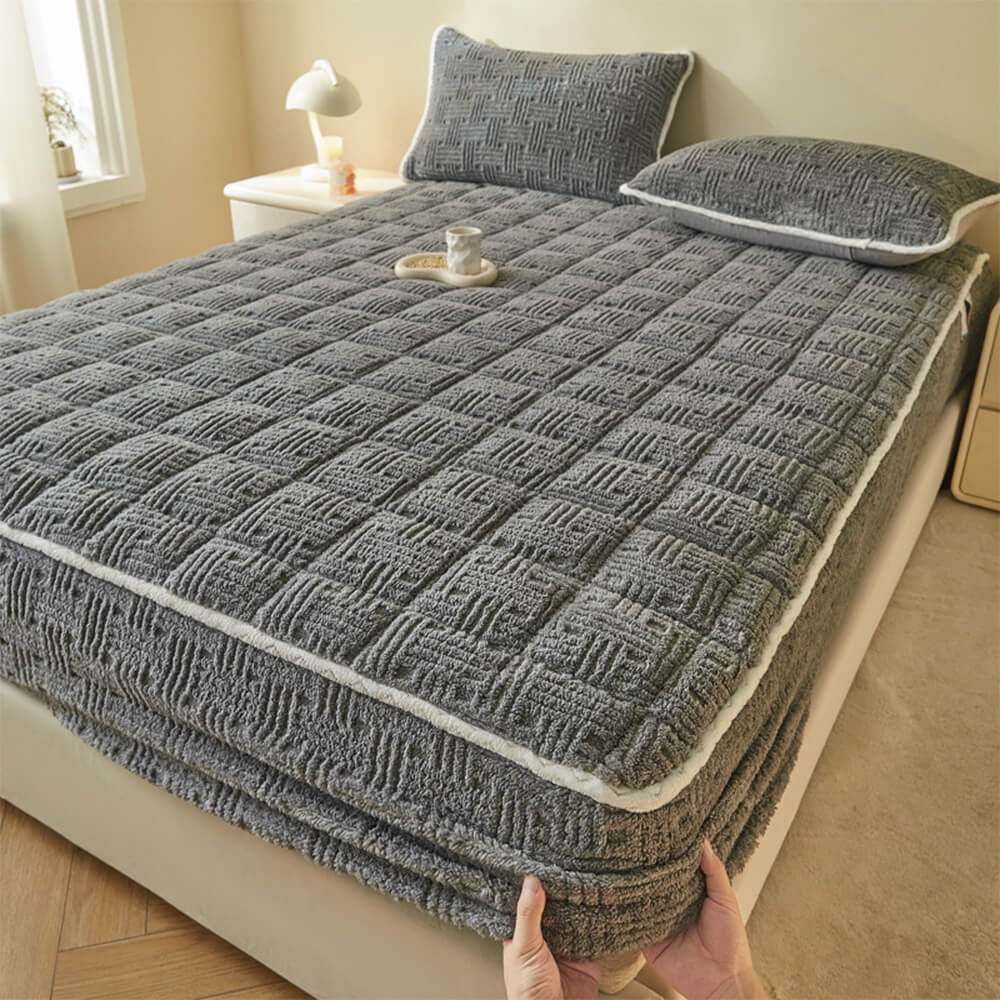 Geometric Square Thickened Soft Fitted Sheet Mattress Cover, Grey - Pillowcase (1pc)