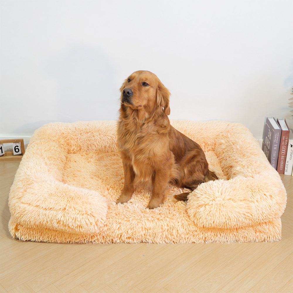 Long Plush - Square Surround Support Deep Sleep Dog Bed, Khaki - M