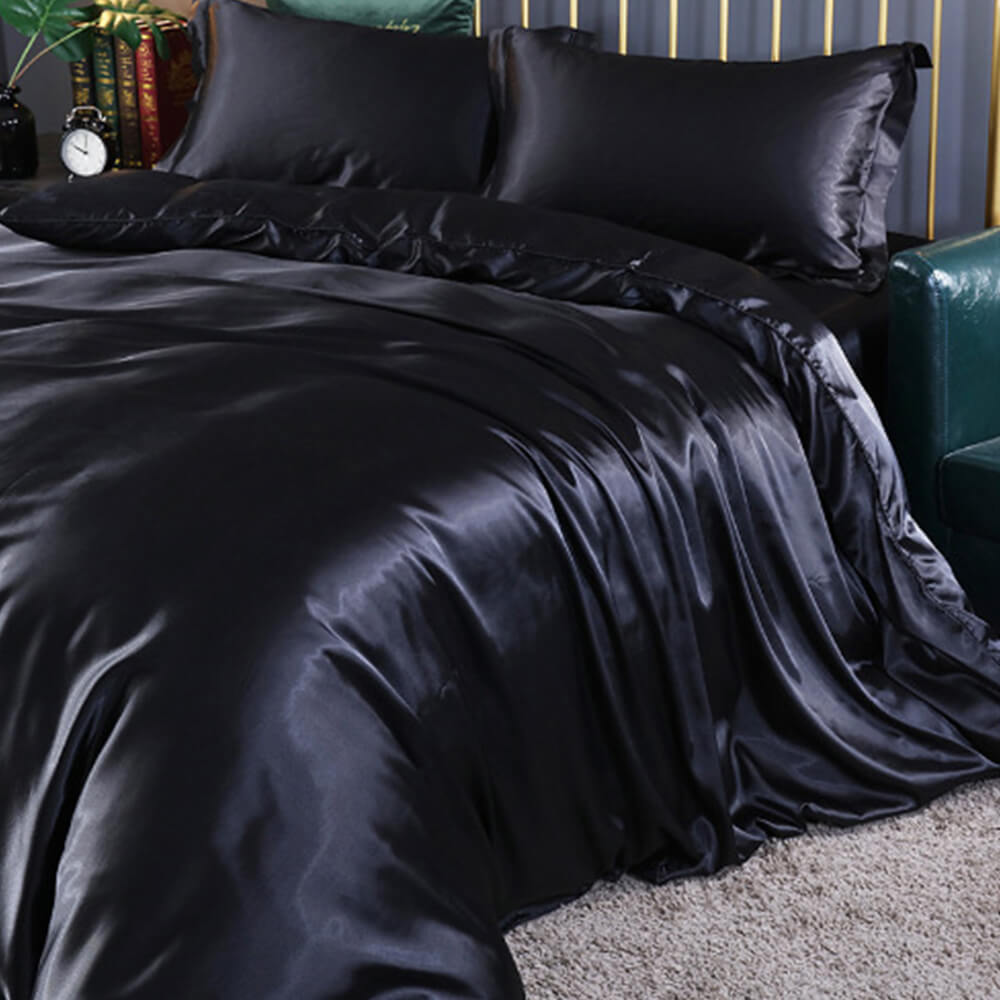 Luxurious Cooling Glossy Double-Sided Satin Bed Sheet Set, Black - Full(3pcs)