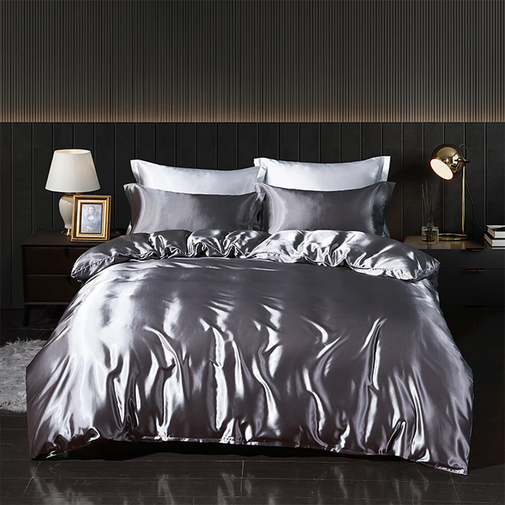 Luxurious Cooling Glossy Double-Sided Satin Bed Sheet Set, Grey - Full(3pcs)