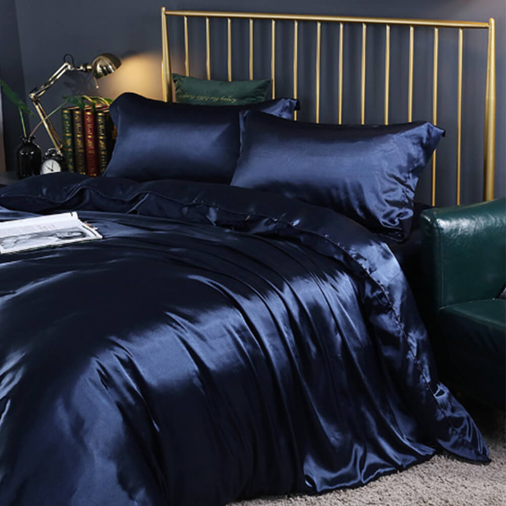 Luxurious Cooling Glossy Double-Sided Satin Bed Sheet Set, Navy - Full(3pcs)