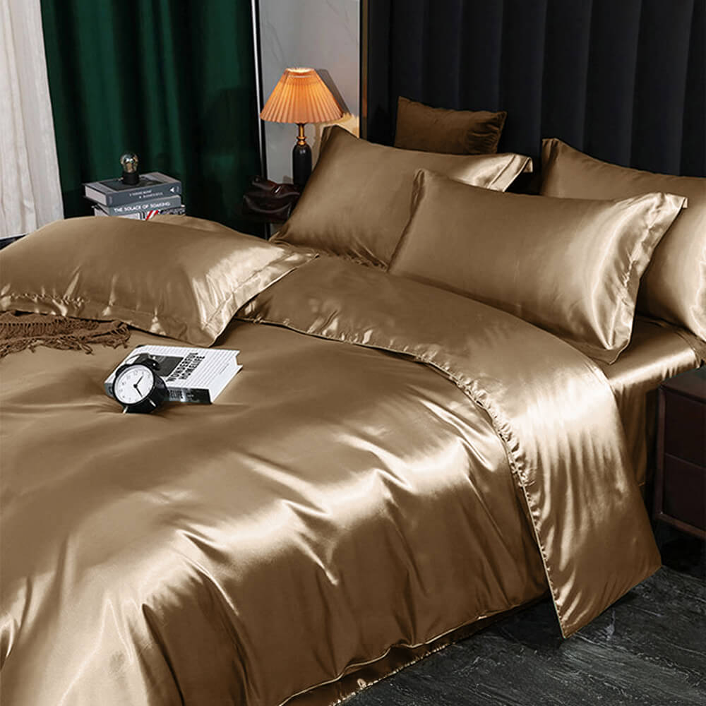 Luxurious Cooling Glossy Double-Sided Satin Bed Sheet Set, Gold - Queen(4pcs)