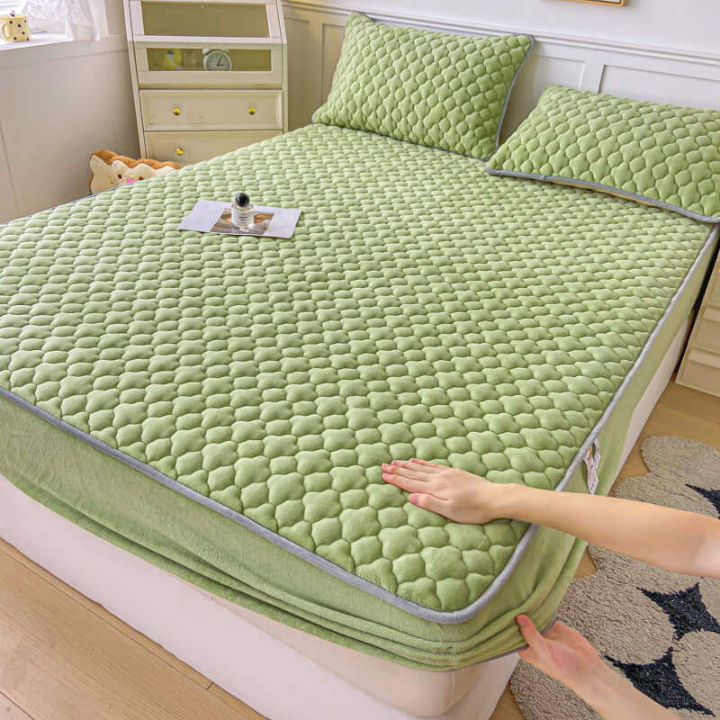 Milk Velvet Ultra-Soft Elastic Fitted Sheet Mattress Cover, Green - Pillowcase(2pcs)