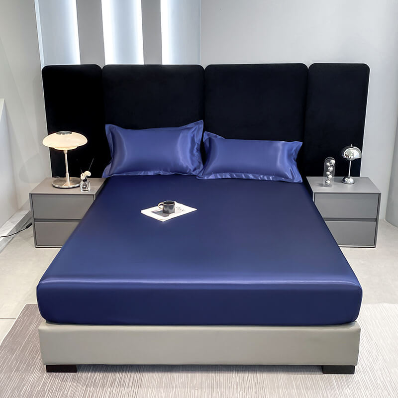 Pet-Friendly & Fur-Resistant Waterproof Satin Fitted Sheet Mattress Protector, Navy - Pillowcase(2 pcs)