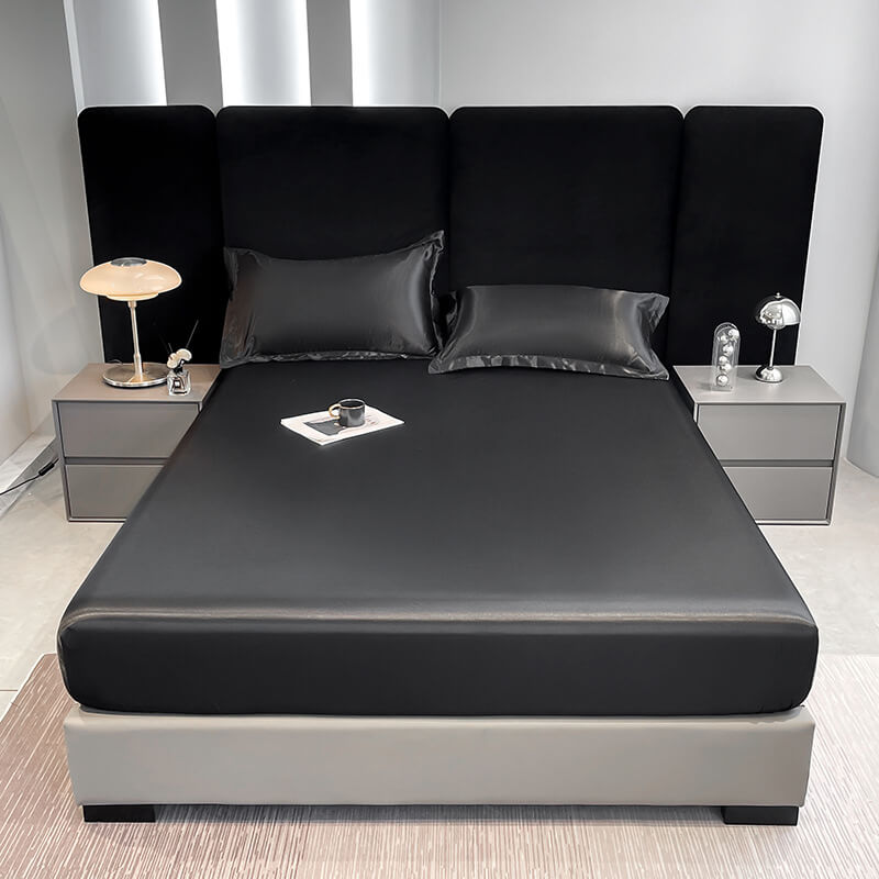 Pet-Friendly & Fur-Resistant Waterproof Satin Fitted Sheet Mattress Protector, Black - Pillowcase(2 pcs)