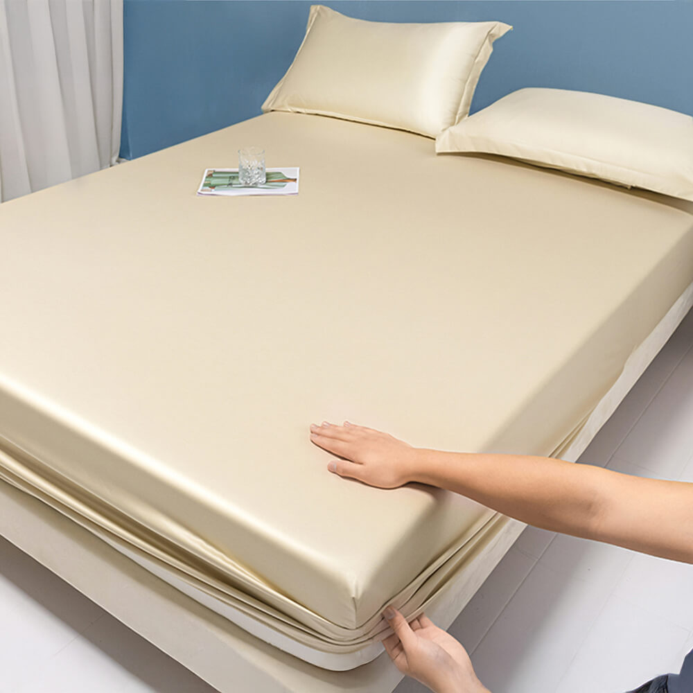 Premium Solid Color Silky Cooling 100s Lyocell Fitted Sheet Mattress Cover, Khaki - Pillowcase(2pcs)