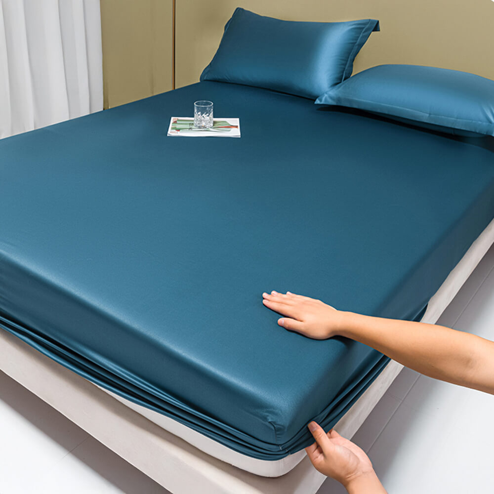 Premium Solid Color Silky Cooling 100s Lyocell Fitted Sheet Mattress Cover, Blue - Pillowcase(2pcs)
