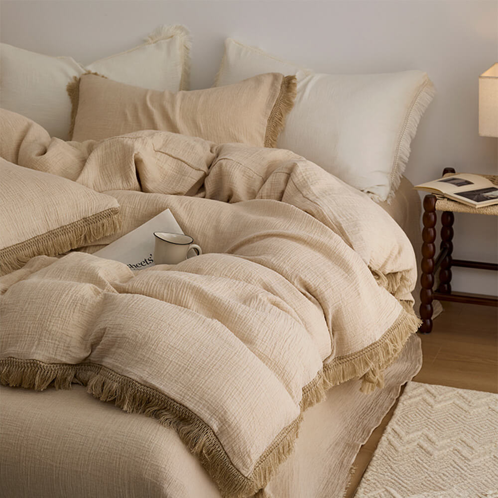 Solid Color Cotton Crinkled Gauze Duvet Cover Bed Sheet Set with Fringe Edges, Sea salt - King(4 pcs)