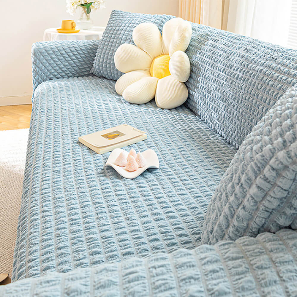 Square Bubble Seersucker Stretch Sofa Protector Magic Couch Cover, Blue - 1-Seater