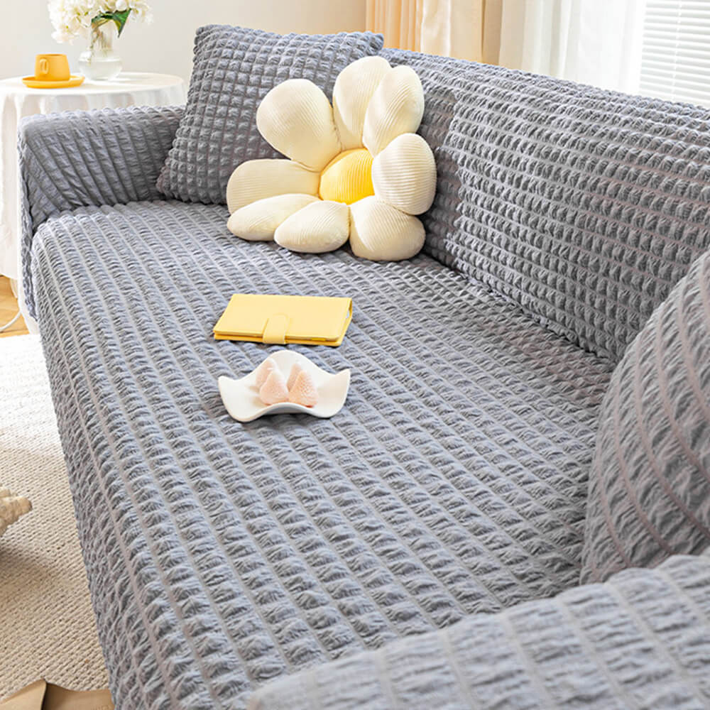 Square Bubble Seersucker Stretch Sofa Protector Magic Couch Cover, Grey - 5-Seater