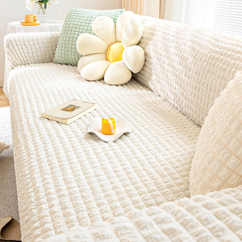 Square Bubble Seersucker Stretch Sofa Protector Magic Couch Cover, Cream - 4-Seater