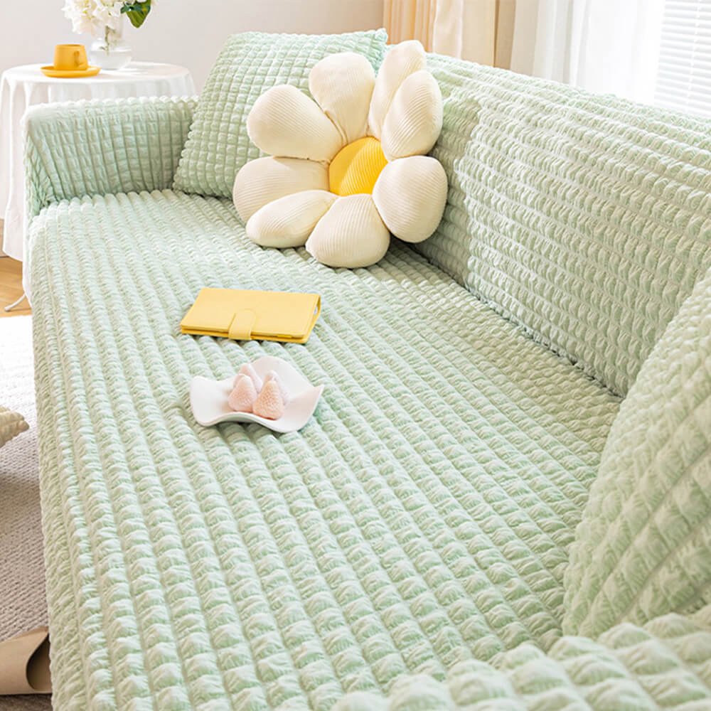 Square Bubble Seersucker Stretch Sofa Protector Magic Couch Cover, Green - 1-Seater