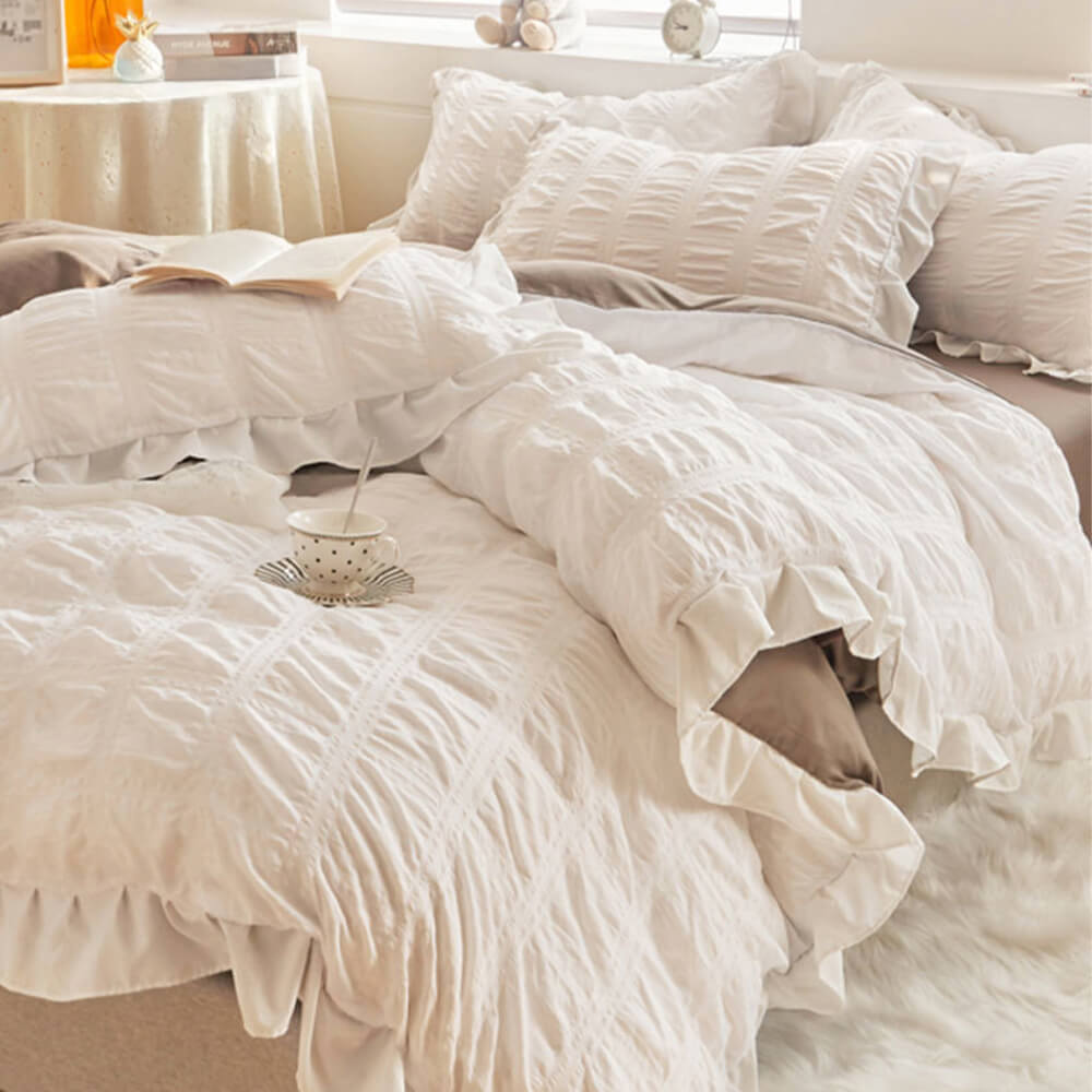 Ultra-Soft Sweet Bubble Gauze Breathable Bed Sheet Set, White - King(4pcs)