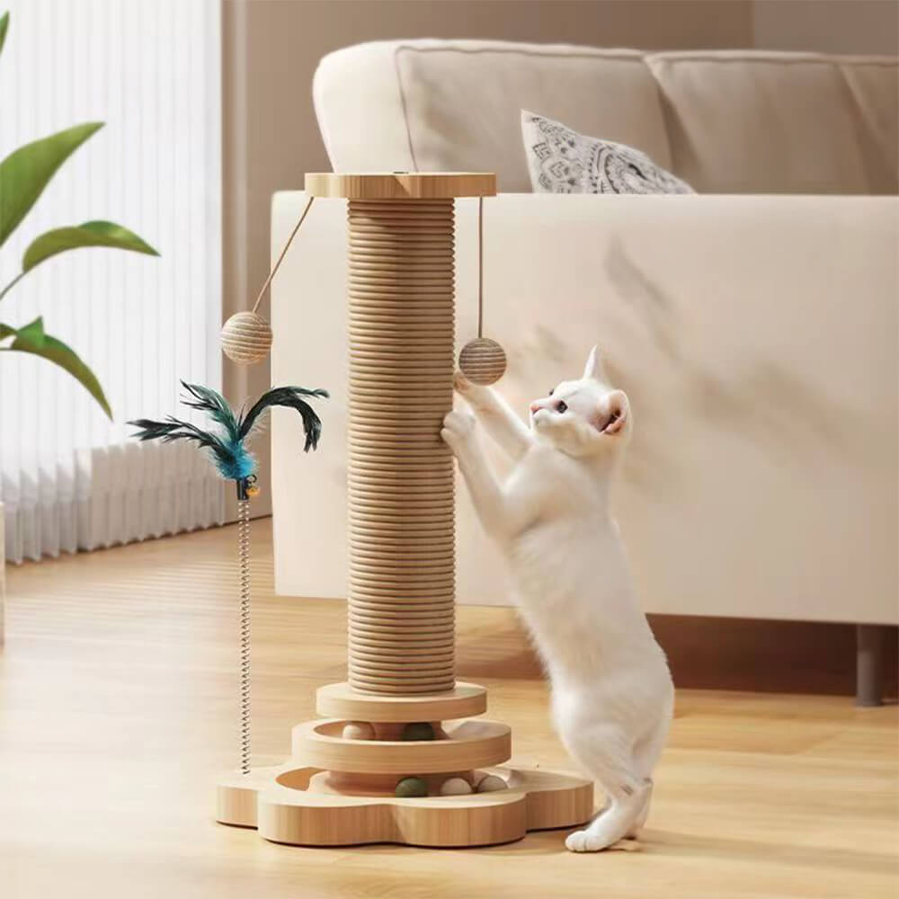 Sturdy Cat Scratching Post with Rotating Track and Teaser Ball, Khaki - M