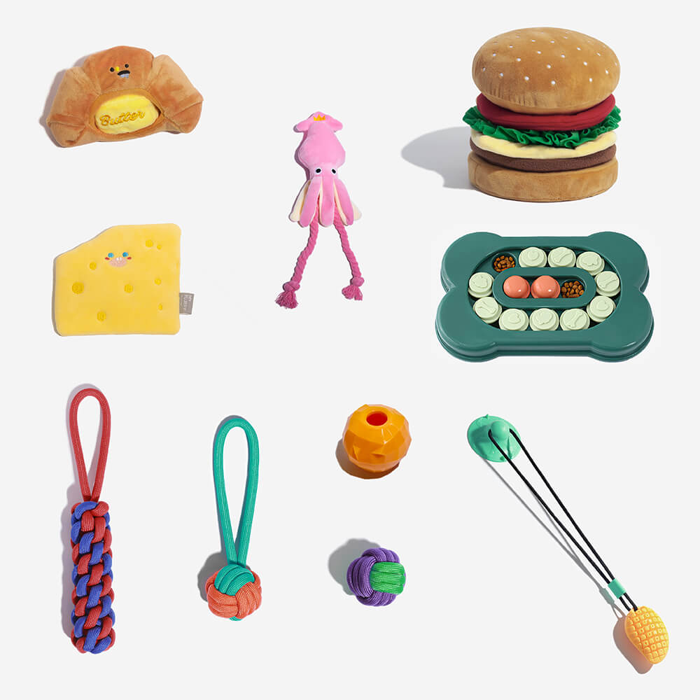 Dog Toy Gift Basket Set | Squeaky Chew Plush Treats Throw Interactive Toys, Food Set