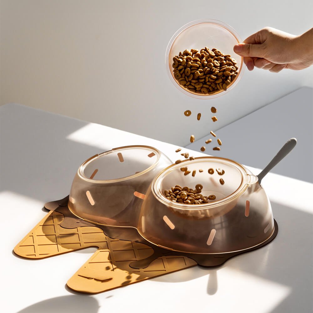 Ice Cream Themed Double Food and Water Dog & Cat Bowl, Brown