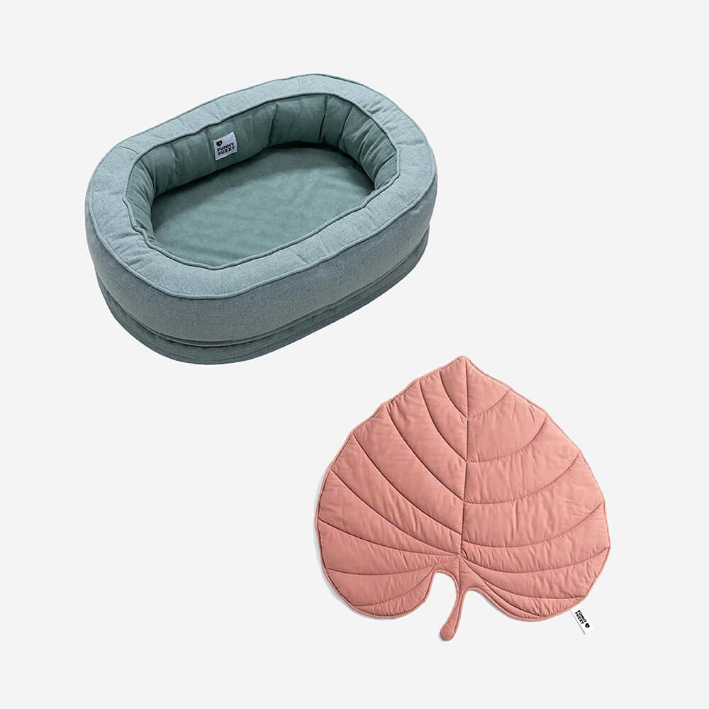 Leaf Shape Dog Blanket With Donut Dog Bed Luxury Dog Gifts, Green - Pink - M