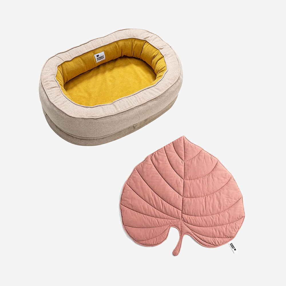 Leaf Shape Dog Blanket With Donut Dog Bed Luxury Dog Gifts, Yellow - Pink - XL