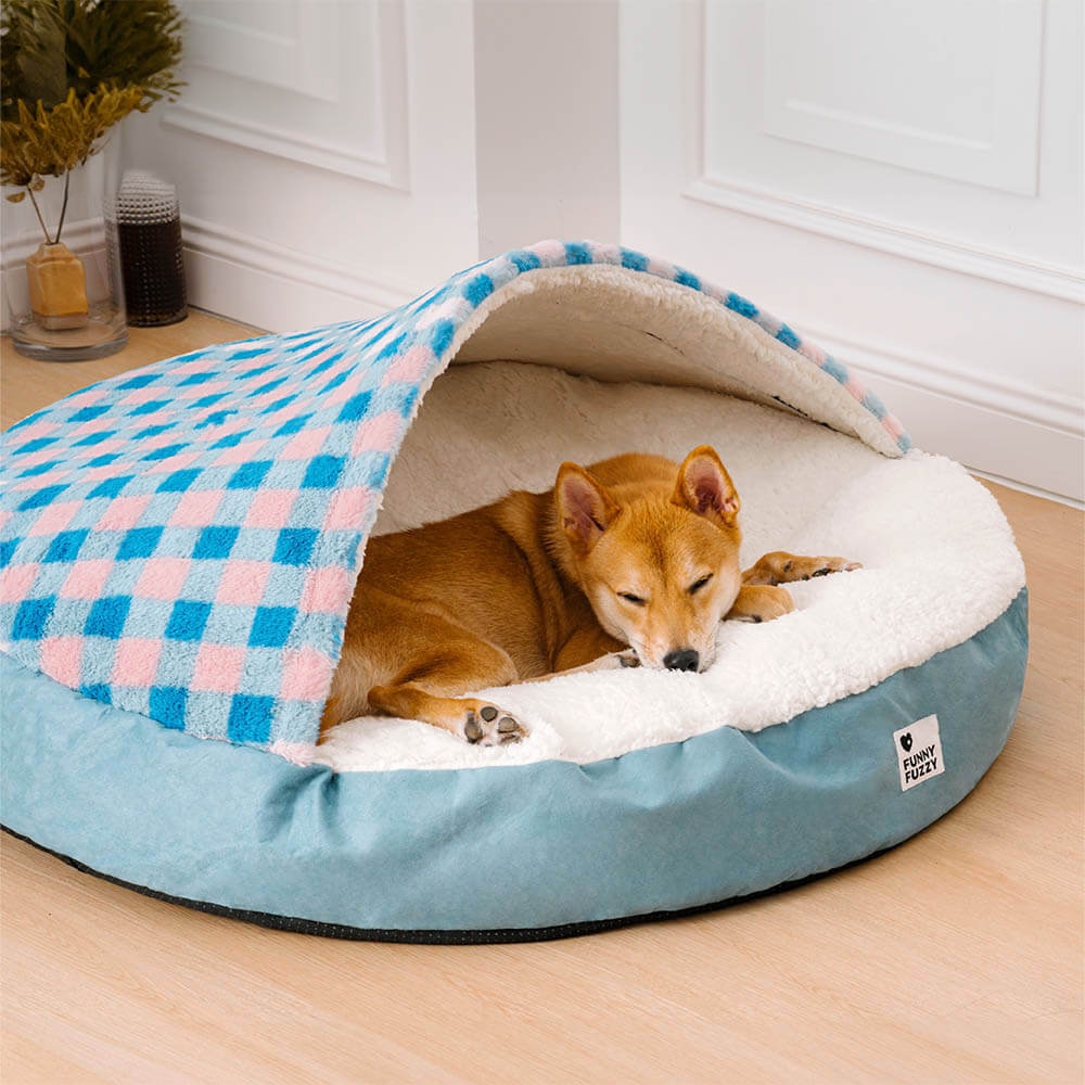 Round Canopy Dream Hideaway Dog Bed Pet Nest Bed, Blue & Pink Plaid - S