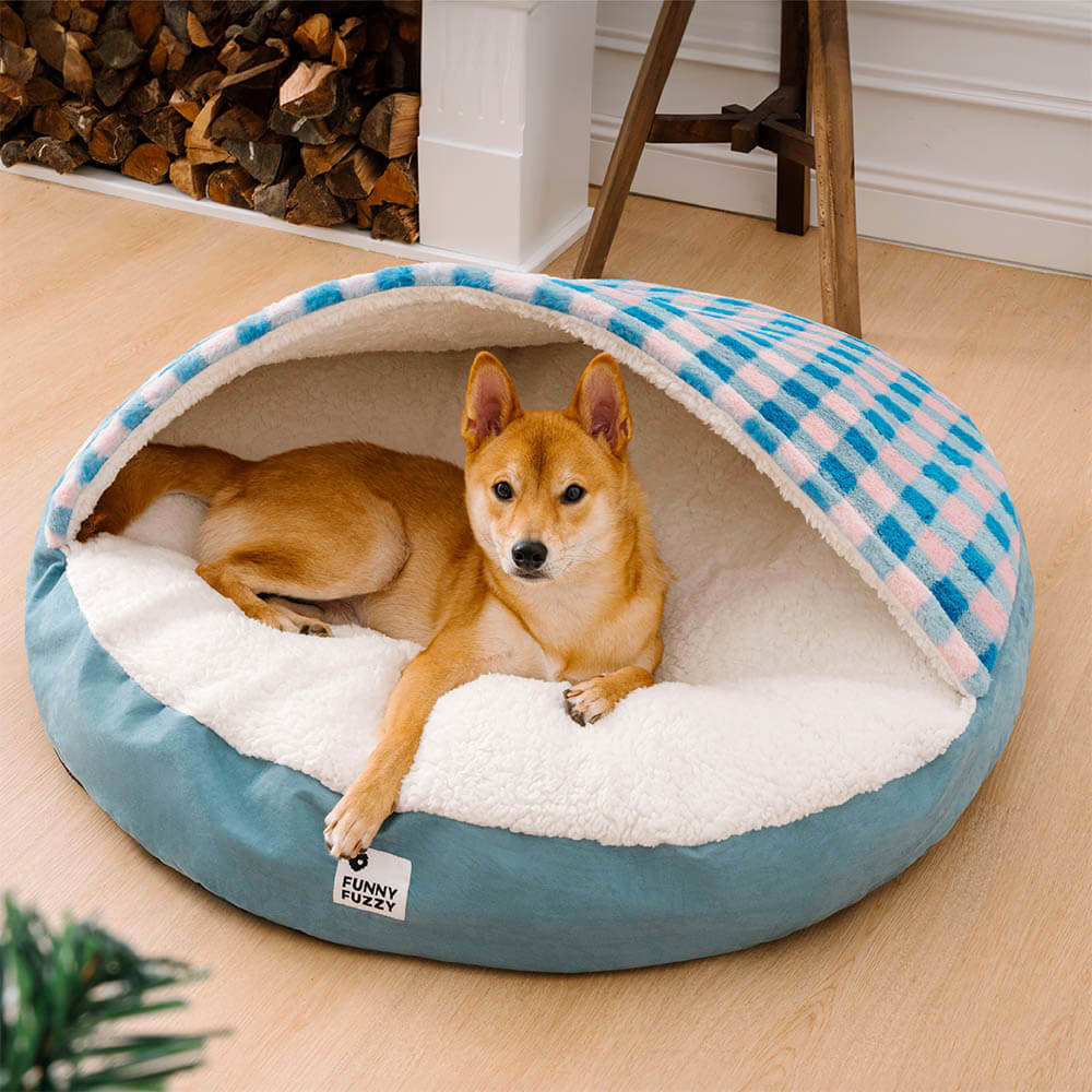 Round Canopy Dream Hideaway Dog Bed Pet Nest Bed, Blue & Pink Plaid - XL