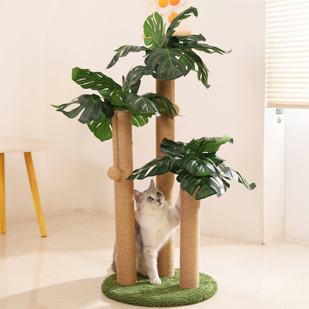 Tropical Rainforest-Inspired Realistic Coconut Tree Cat Scratching Post, Monstera