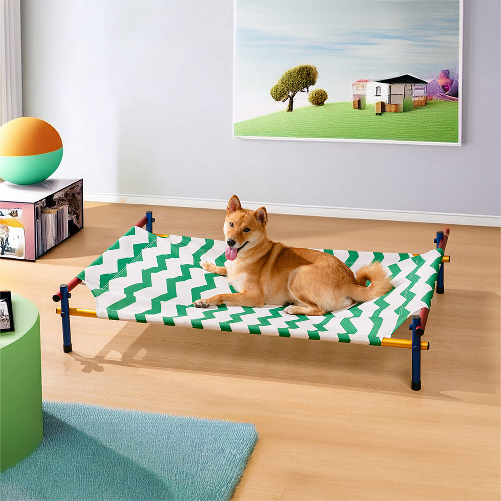 Vibrant Summer Print Style Aluminum Elevated Dog Bed - Summer Paradise, Green Stripe - S