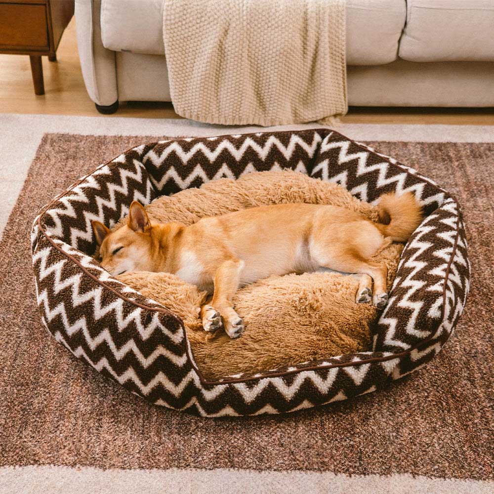 Plush Retreat Chevron Dog Bed-The Warm Hugger, Coffee - L