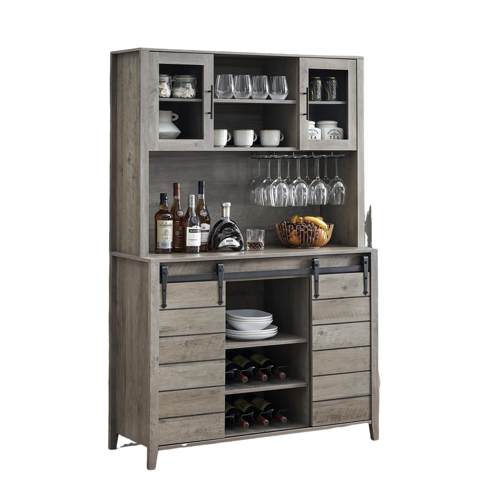 Garvee 70'' Wine Coffee Bar Cabinet with Storage Hutch, Tall Kitchen Pantry Liquor Cabinet with Sliding Barn Doors, Bottle Glasses Rack, Farmhouse Buf