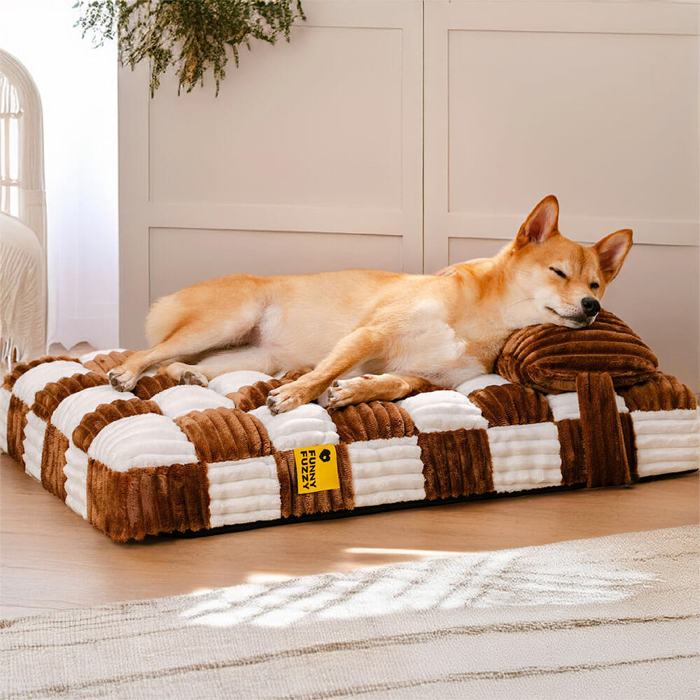 Handmade Plush Chessboard Orthopedic Support Dog Bed with Pillow, Brown - L